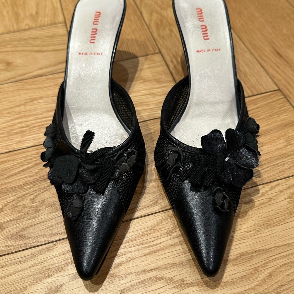 Miu Miu Black Floral Embellished Kitten Heels